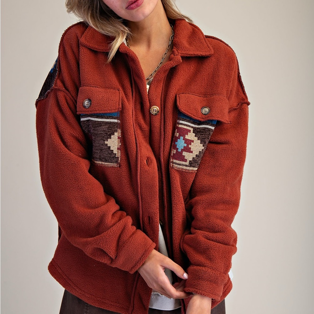 Easel Rust Button Fleece Shacket - Picture 6 of 8